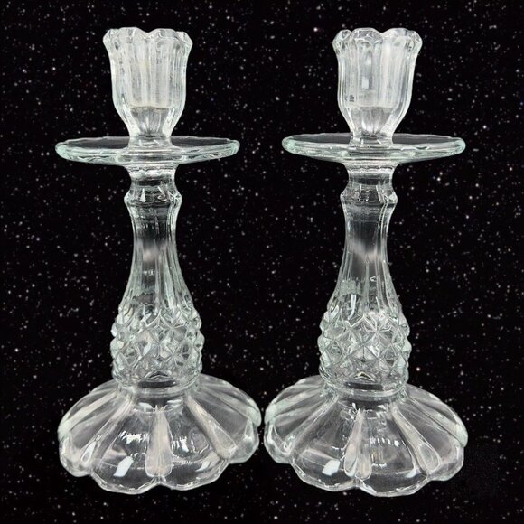 Antique Clear Glass Candle Stick Holder Set 2 Tapper Glass Manganese 365nm GREEN - Picture 12 of 12